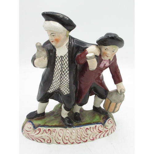 1254 - C19th Staffordshire Drunken Parson group, on scroll painted oval base, H22.5cm with castle of Fiddes... 