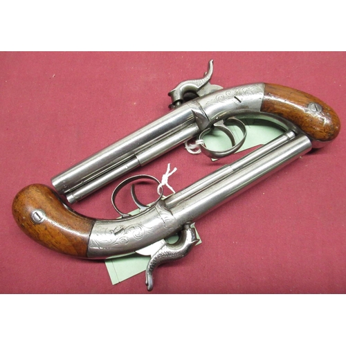 1008 - Good scarce pair of American double barrel single trigger percussion pistols, possibly by Allen & Th... 