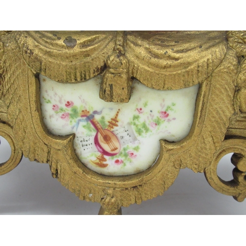 1401 - Late C19th French Rococo Revival cast gilt metal mantel clock, with painted porcelain Roman dial, ur... 
