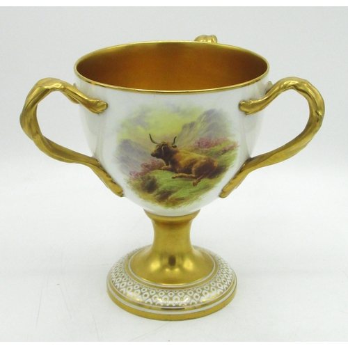 1247 - Cauldon goblet shaped tyg, painted with Highland cattle in landscapes, signed Donald Birbeck, gilt s... 