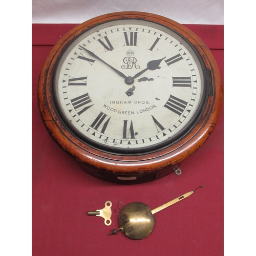 1398 - C20th mahogany cased wall clock, 12in circular painted Roman dial inscribed Ingram Bros. Wood Green ... 