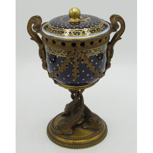 1214 - Late C19th ormolu mounted Sevres type porcelain vase with two scroll handles and drapery bands on op... 