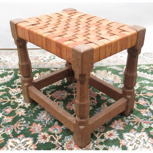 1421 - Sid Pollard - an oak rectangular stool, plaited leather top on octagonal baluster supports, W39cm D3... 