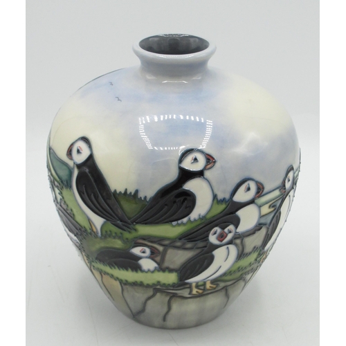 1244 - Moorcroft Pottery Puffin pattern vase, ovoid body decorated with Puffins in a coastal landscape, imp... 