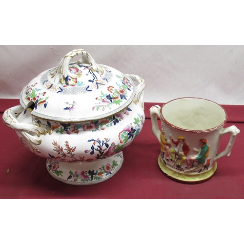 1249 - Victorian Staffordshire two handled soup tureen and cover, printed and enamelled with polychrome tra... 
