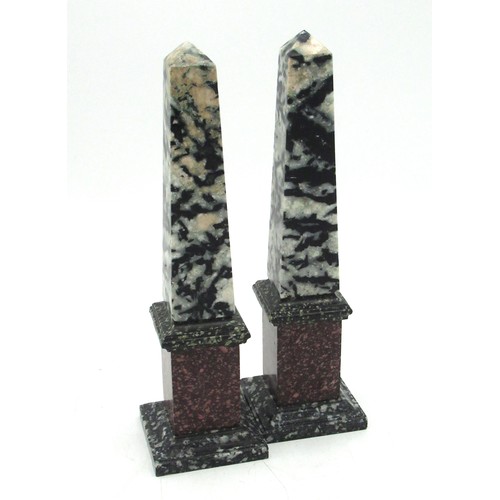 1215 - Pair of small C19th Grand Tour specimen marble obelisks, of typical stepped square tapering form, H2... 