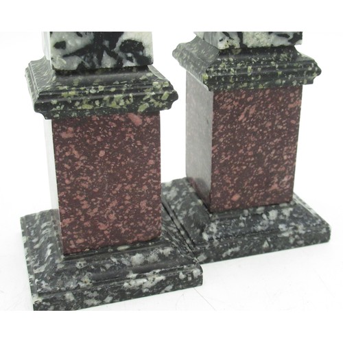 1215 - Pair of small C19th Grand Tour specimen marble obelisks, of typical stepped square tapering form, H2... 