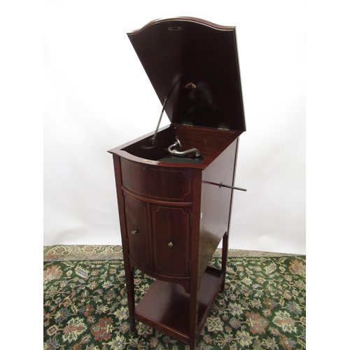 1467 - Early C20th HMV boxwood strung mahogany bowfront cabinet gramophone, hinged top and two doors on squ... 