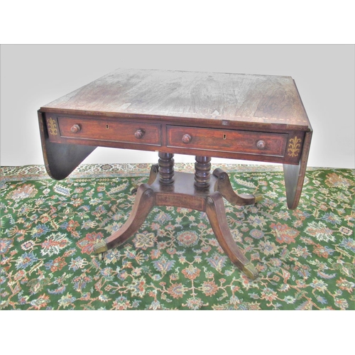 1468 - Regency satinwood banded rosewood sofa table, rectangular top with two fall leaves above alternating... 