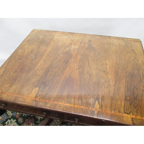 1468 - Regency satinwood banded rosewood sofa table, rectangular top with two fall leaves above alternating... 