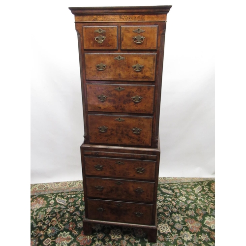 1450 - Small C20th Queen Anne style walnut chest on chest, moulded cornice with two short and three long dr... 