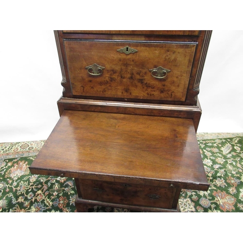 1450 - Small C20th Queen Anne style walnut chest on chest, moulded cornice with two short and three long dr... 