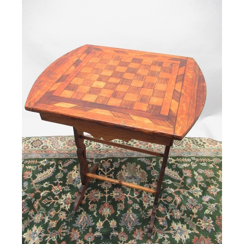 1477 - C19th country made games table, shaped oak top inlaid with satin and rosewood chess board, on pierce... 