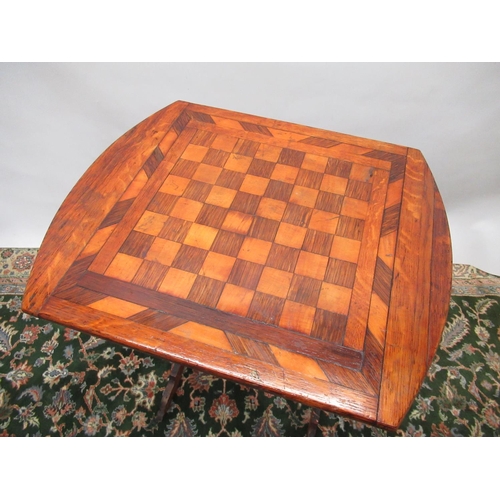 1477 - C19th country made games table, shaped oak top inlaid with satin and rosewood chess board, on pierce... 