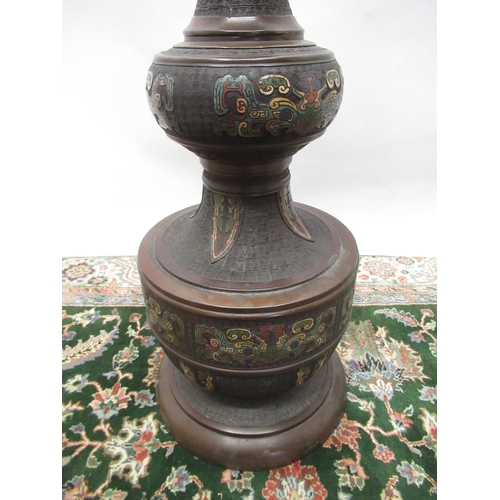 1218 - Early C20th Japanese bronze and cloisonne enamel three light floor lamp, elongated vase shaped colum... 