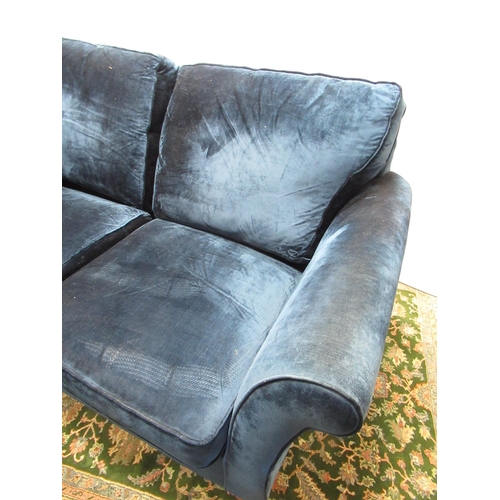 1470 - Art Deco style blue velour upholstered sofa, with out-scrolled arms and loose back and seat cushions... 