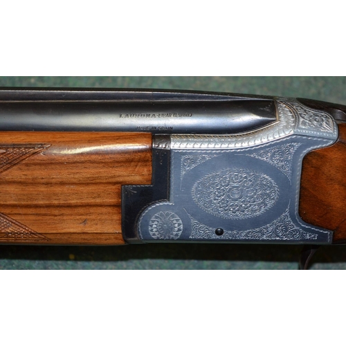 333 - Cased Laurona over and under double barrelled double trigger shotgun, engraved metalwork to body, ba... 