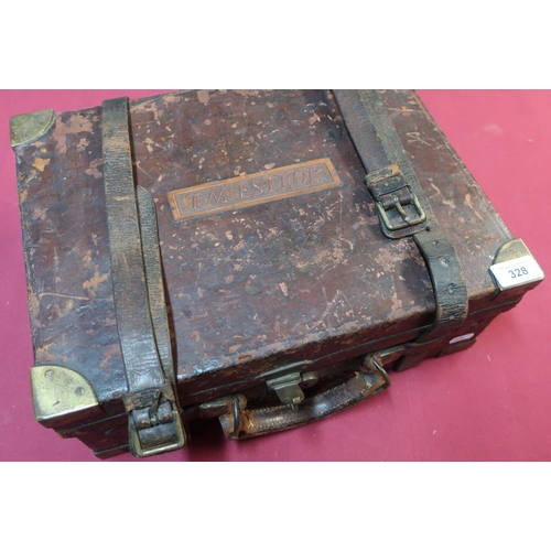 1054 - Vintage leather and brass mounted oak lined five divisional cartridge box, trade label for W Evans l... 