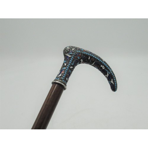 1217 - Late C19 Russian Champleve enamel handled walking stick, curved handle with stylised floral and foli... 