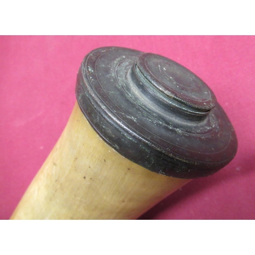 1051 - C18th/19th cows horn powder flask, base cap with central  turn off cover engraved 