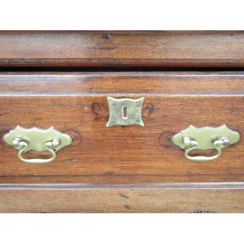 1443 - C18th and later oak dresser, raised three shelf back with moulded cornice shaped frieze and spice dr... 