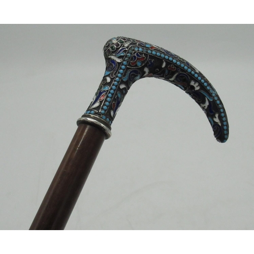 1217 - Late C19 Russian Champleve enamel handled walking stick, curved handle with stylised floral and foli... 