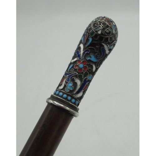 Late C19 Russian Champleve enamel handled walking stick, curved handle with  stylised floral and foli