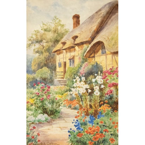 1337 - Sidney Valentine Gardner (Staithes Group, 1869-1957); Garden path leading to a thatched cottage, and... 