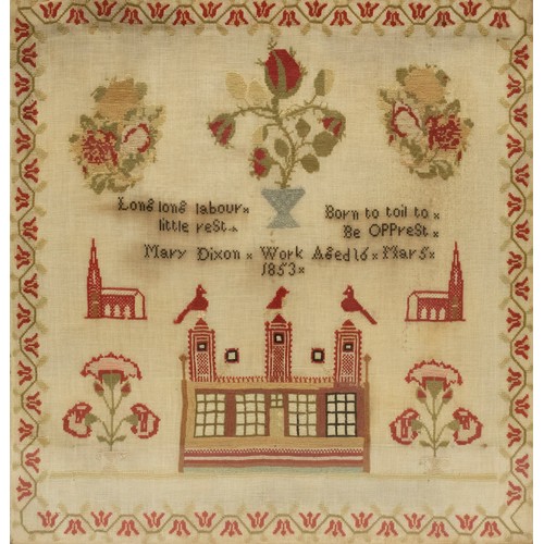 1377 - Victorian woolwork sampler worked with flowers, workhouse, chapel and poem 