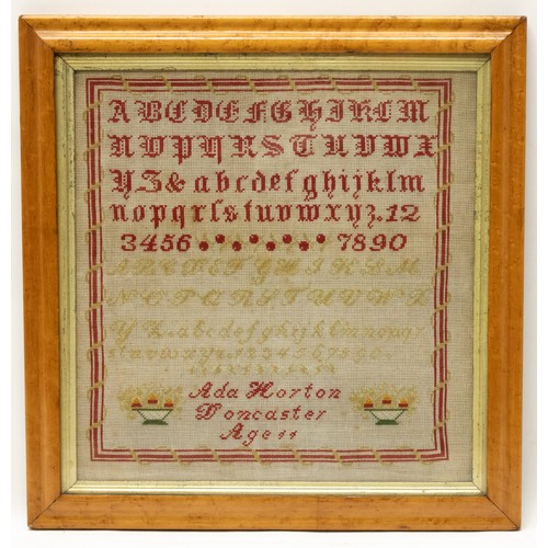 1379 - Early C20th needlework sampler worked with alphabet, by Ada Norton, Doncaster, Aged 11, framed, and ... 