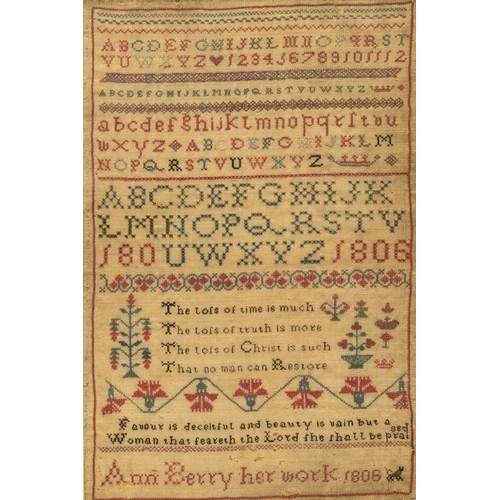 1376 - Geo.III needlework sampler worked with alphabet and poem, by Ann Berry 1806, framed, 32cm x 20.5cm