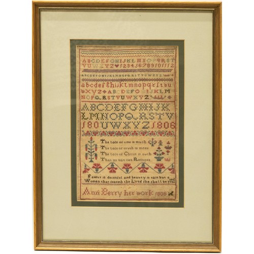 1376 - Geo.III needlework sampler worked with alphabet and poem, by Ann Berry 1806, framed, 32cm x 20.5cm