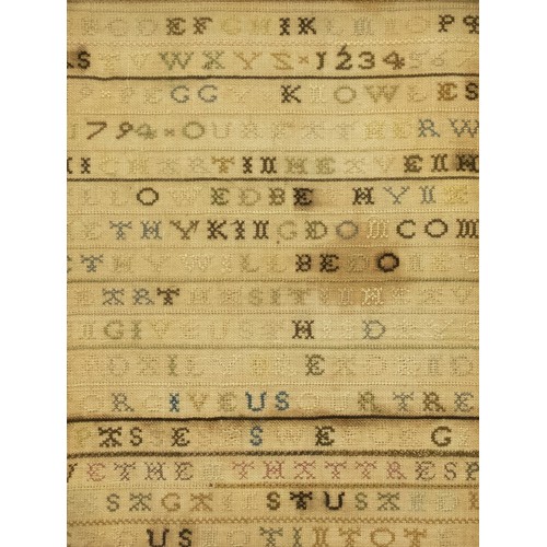 1375 - Geo.III needlework sampler worked with alphabet, and Lords Prayer, by Peggy Knowles 1797, in oak fra... 