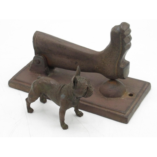 1226 - Small C20th cast bronze model of a standing Bulldog, L7cm H6.5cm and an unusual cast iron door knock... 