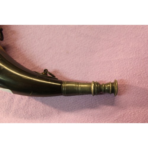 1057 - C19th hunting style horn, with twin hanging rings and pewter mouth piece and mounts, L28cm