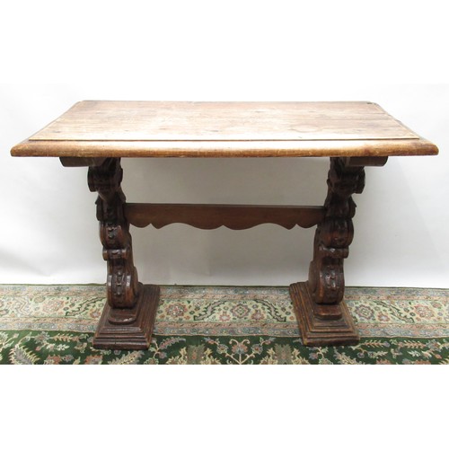1451 - Italian walnut side table, rectangular moulded top on scroll carved supports with stepped bases join... 
