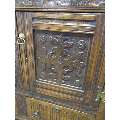 1474 - C18th style oak side cabinet, moulded top and lunette carved frieze above two doors and two arcade c... 