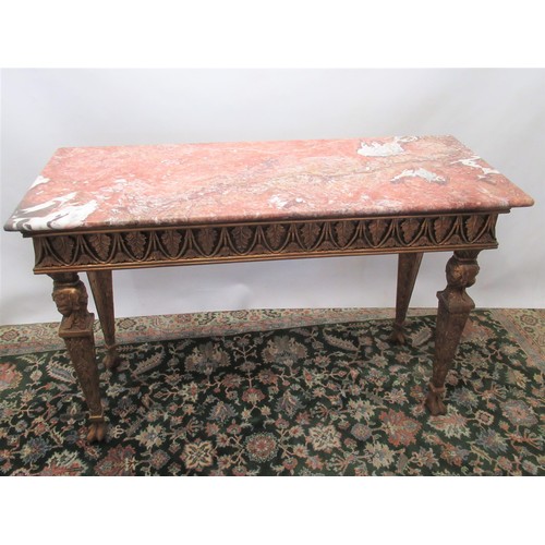 1446 - Pair of Regency style giltwood rectangular side tables, with rouge marble tops and acanthus frieze o... 