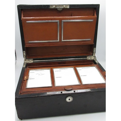 1216 - Victorian EPNS banded black leather covered writing case, hinged lid with silver hallmarked folding ... 