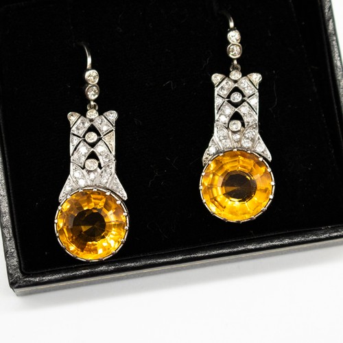 1133 - 9ct white gold diamond and citrine earrings, round cut citrine claw set in diamond encrusted hinged ... 