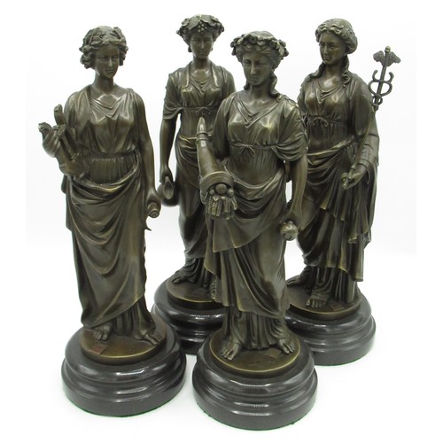 1213 - After Cesar; set of four French patinated Art bronze models of Roman Goddesses, the circular bases i... 