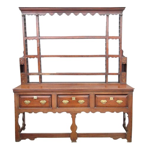 1443 - C18th and later oak dresser, raised three shelf back with moulded cornice shaped frieze and spice dr... 