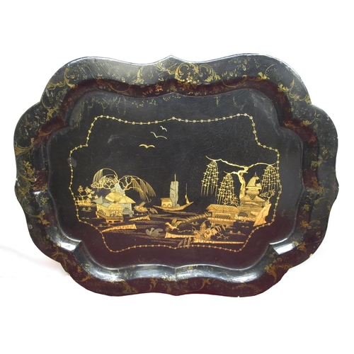 1221 - Early Victorian shaped rectangular papier mache tray, chinoiserie decorated with pagodas and a junk ... 