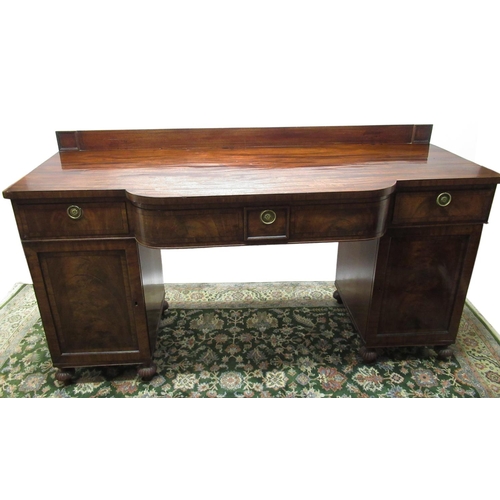1462 - Regency mahogany bow breakfront pedestal sideboard, low raised back and three frieze drawers with br... 
