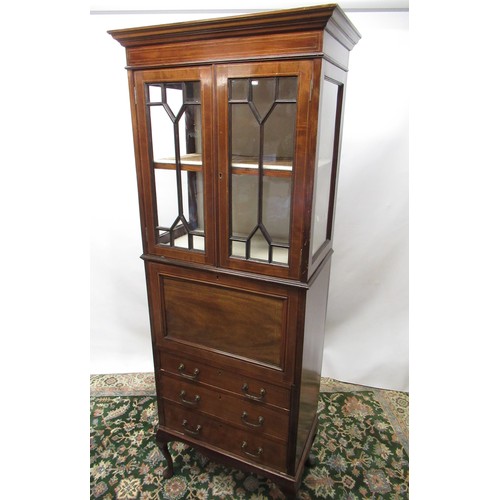1457 - Edwardian Sheraton Revival satinwood strung escritoire cabinet, moulded cornice and two astragal doo... 