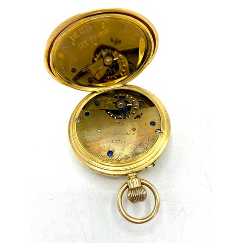 1206 - Hallmarked 18ct gold J.W Benson half hunter top wind pocket watch, signed white Arabic dial with sub... 