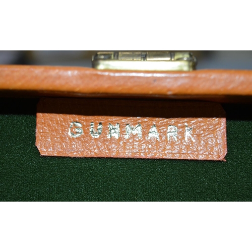 290 - Gunmark rectangular light brown leather gun case with green felt interior and leather fastening