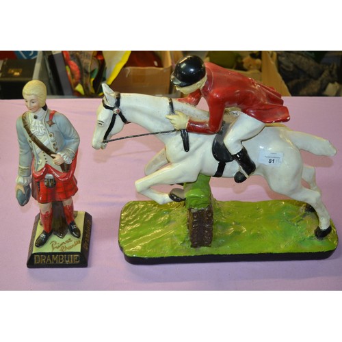 81 - 1950s plaster figure of a horse and rider by J. Chapman of Manchester (height 39cm) and a Drambuie P... 