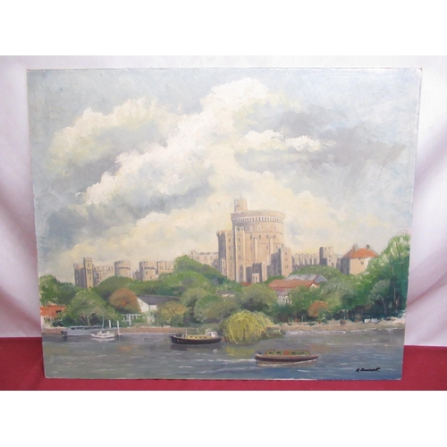 88 - R. Barnett (C20th); Windsor Castle from the River, oil on board, unframed, 51cm x 61cm