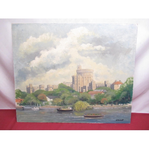 88 - R. Barnett (C20th); Windsor Castle from the River, oil on board, unframed, 51cm x 61cm